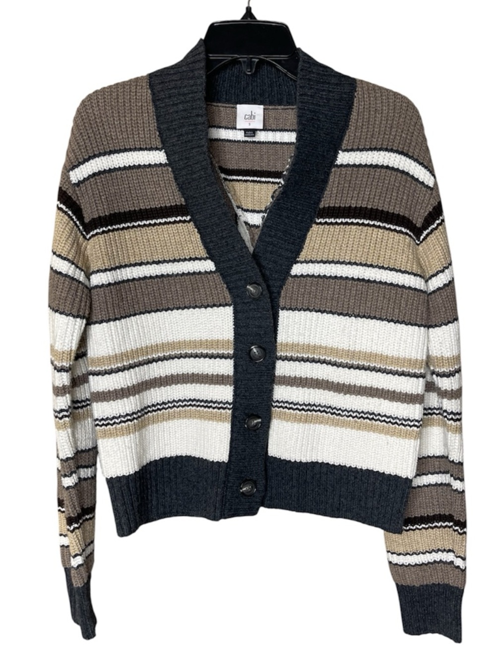 CAbi Cocoa Striped Button-Front Cardigan in Black, Cream, Tan, Brown Sz S - Picture 2 of 6